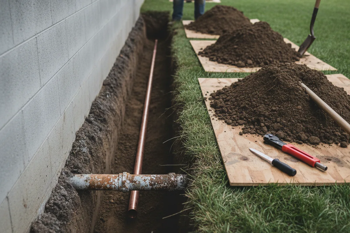 Excavated water line trench during Sewer Line Repair in Groveland